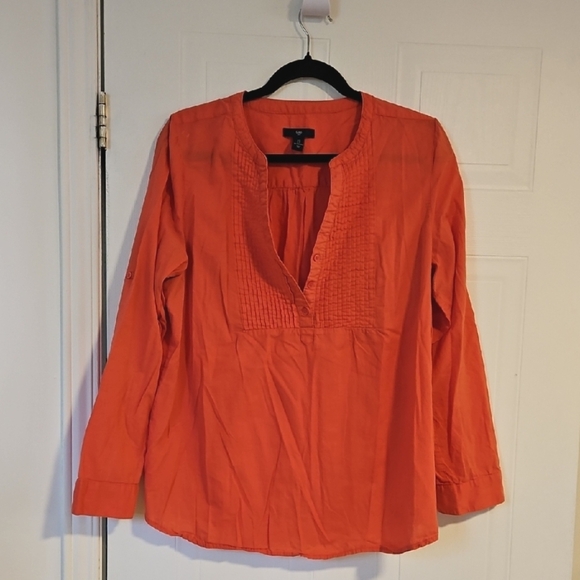GAP Womens Large Coral Pintuck Blouse Top Long Sleeve Collar Casual c - Picture 1 of 4